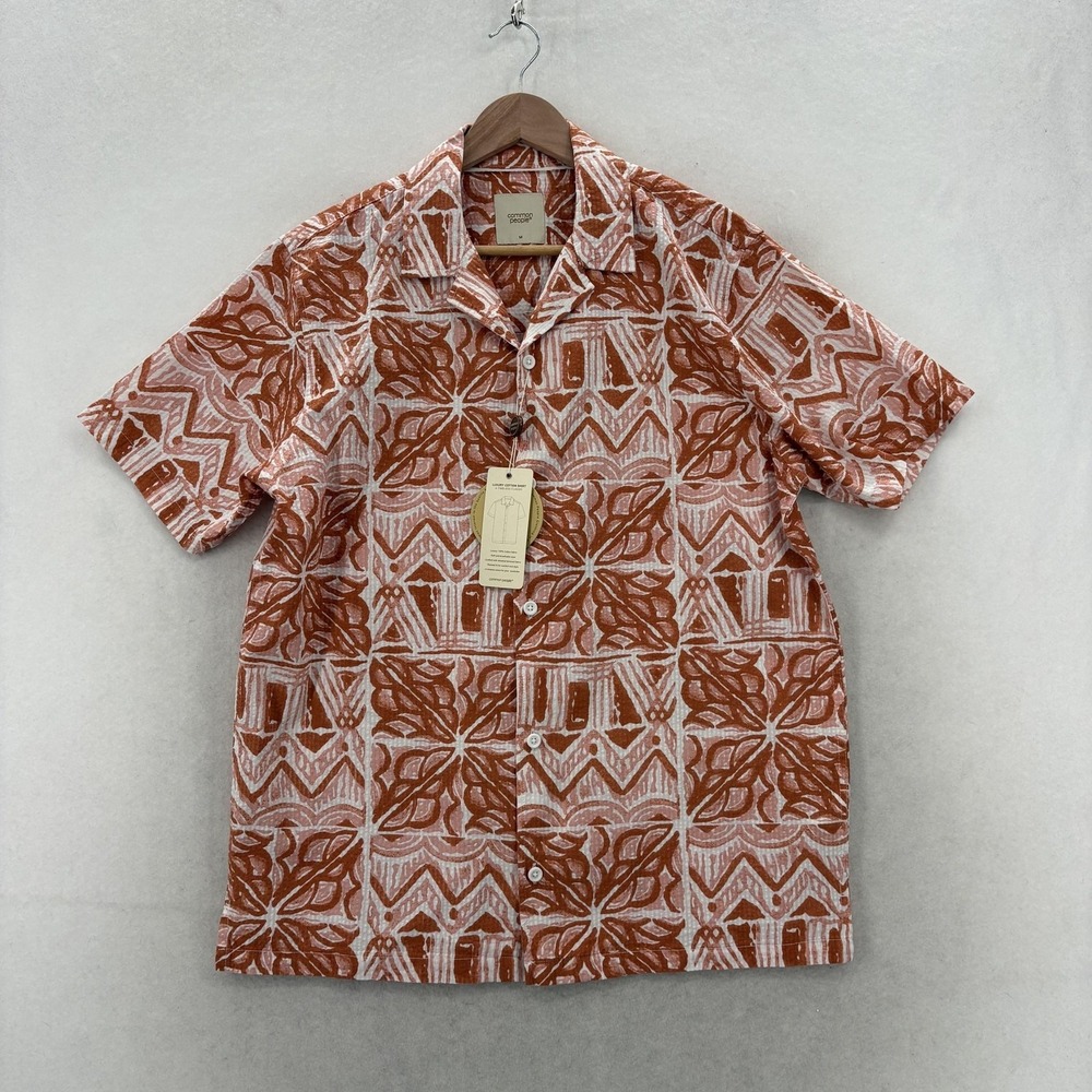 Common People Mezzo Seersucker Shirt Mens M Orange Short Sleeve Button Up NWT